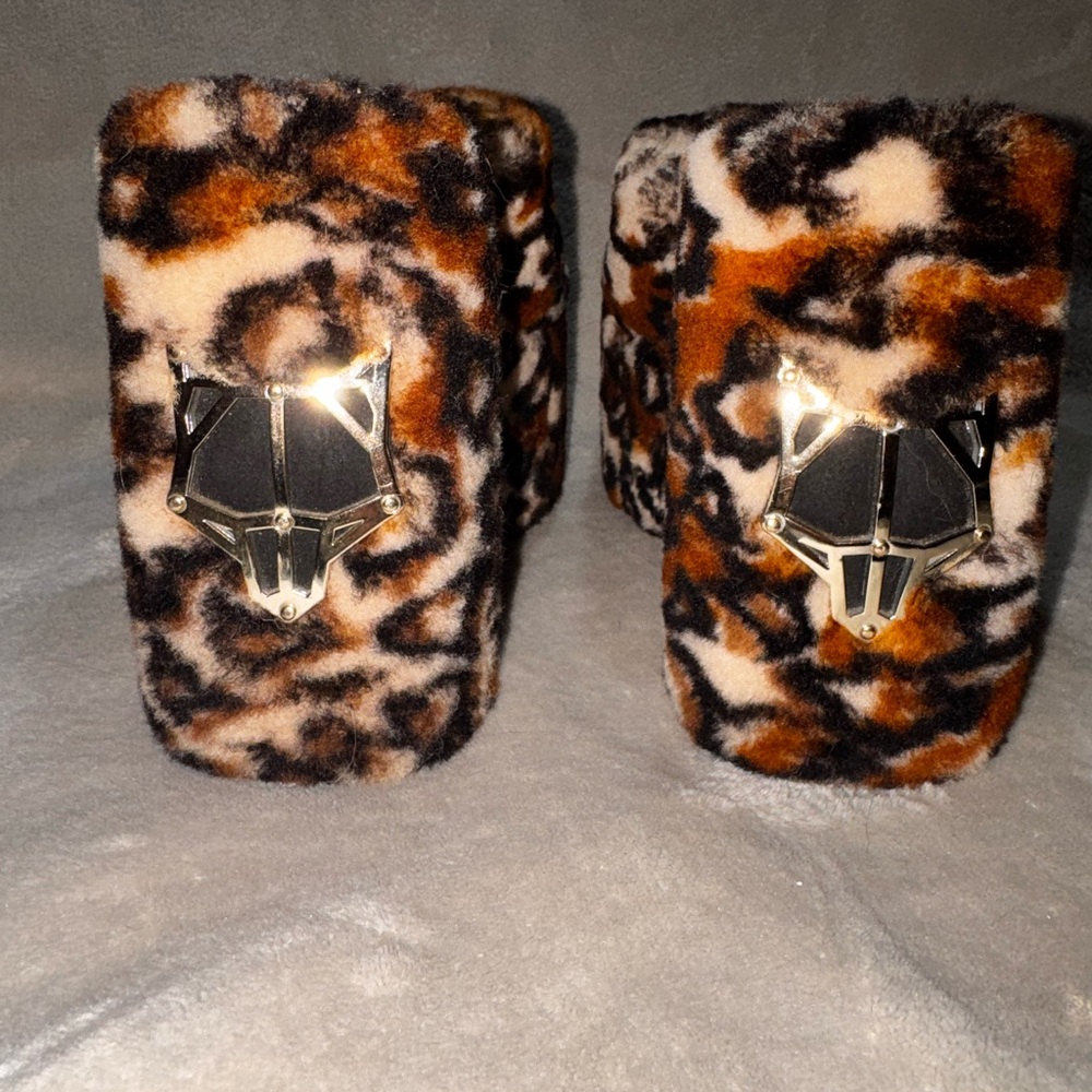 Fuzzy Leopard Print Platform Sandal - Brown Black Cream - Picture 2 of 6
